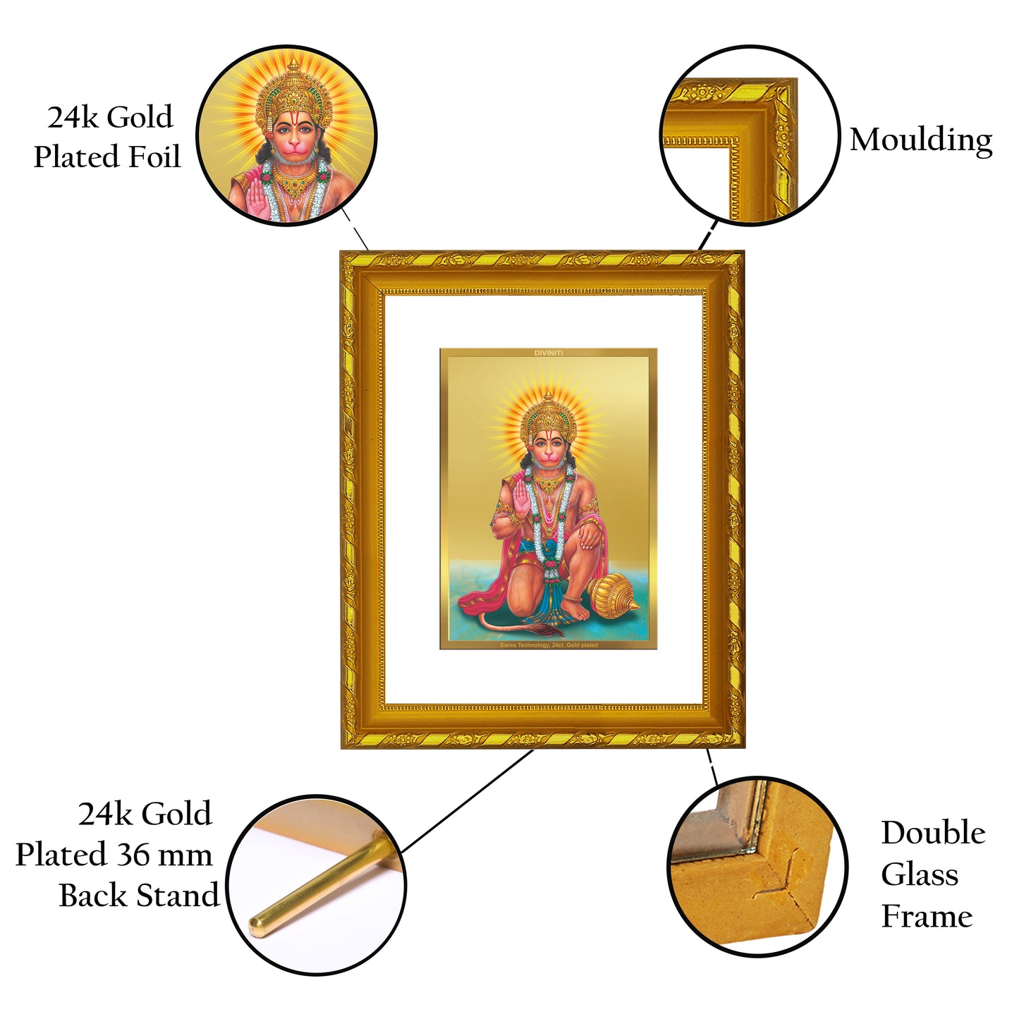 DIVINITI 24K Gold Plated Lord Hanuman Photo Frame Idol for Home & Office Decor, Wall Hanging, Workshop, Table Top, Gift|DG103 Size 2 (22.6x18.4 CM)