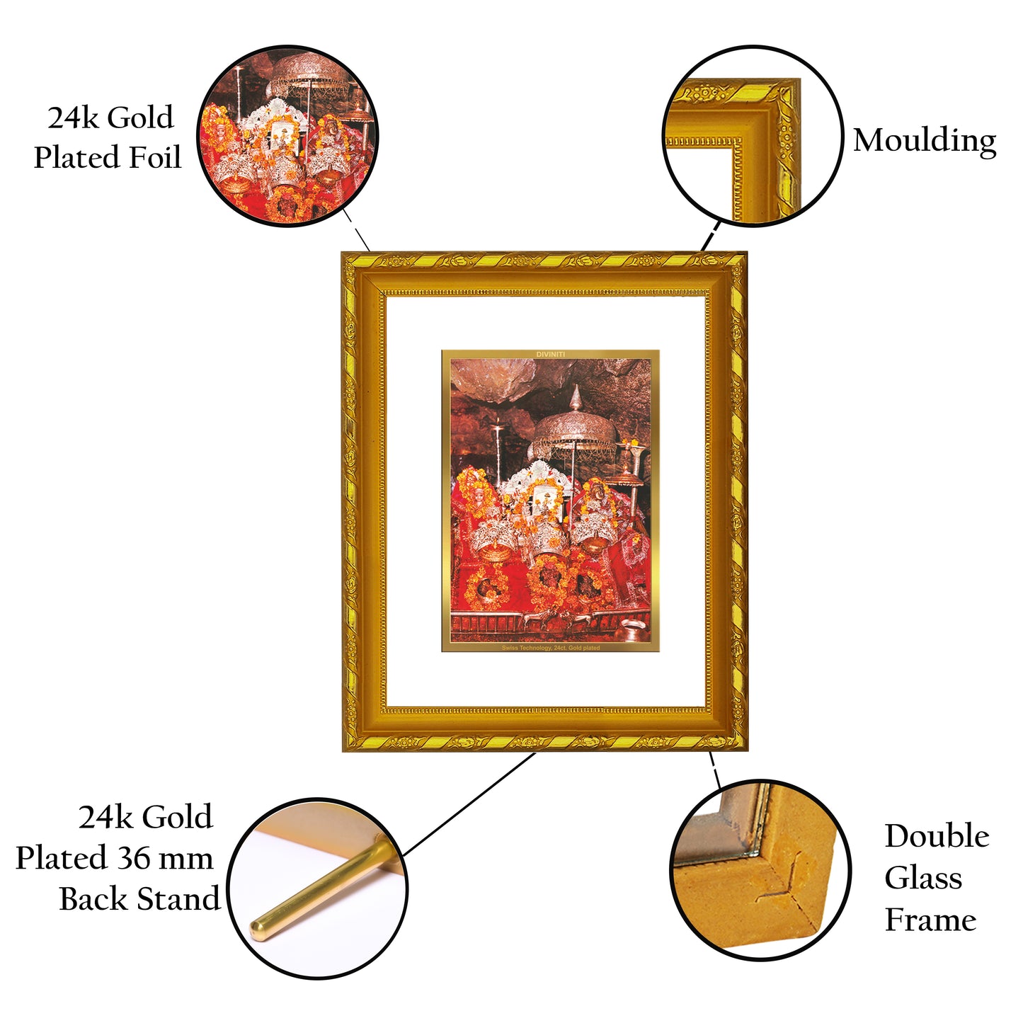 DIVINITI 24K Gold Plated Foil Mata Ka Darbar Photo Frame Idol for Home Wall Decor, Workshop, Table Top, Gift|DG103 Size 2 (22.6x18.4 CM)