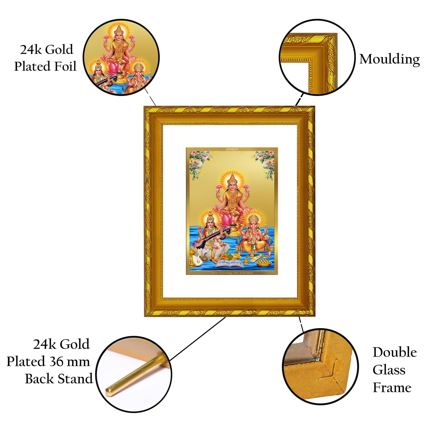 DIVINITI 24K Gold Plated Foil Lakshmi Ganesha Saraswati Photo Frame Idol for Home & Office Decor, Wall Hanging, Workshop, Table Top, Gift|DG103 Size 2 (22.6x18.4 CM)