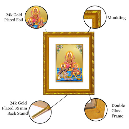 DIVINITI 24K Gold Plated Foil Lakshmi Ganesha Saraswati Photo Frame Idol for Home & Office Decor, Wall Hanging, Workshop, Table Top, Gift|DG103 Size 2 (22.6x18.4 CM)