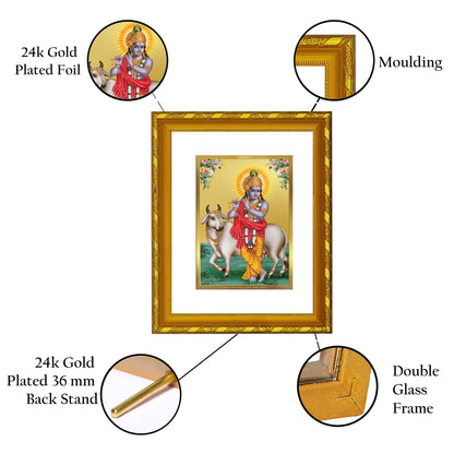 DIVINITI 24K Gold Plated Foil Lord Krishna Photo Frame Idol for Home & Office Decor, Wall Hanging, Workshop, Table Top, Gift|DG103 Size 2 (22.6x18.4 CM)