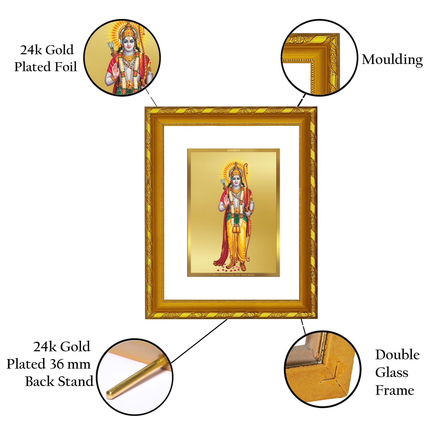 DIVINITI 24K Gold Plated Lord Shri Ram Photo Frame for Puja Room, Home Wall Decor, Workshop, Table Top, Gift|DG103 Size 2 (22.6x18.4 CM)