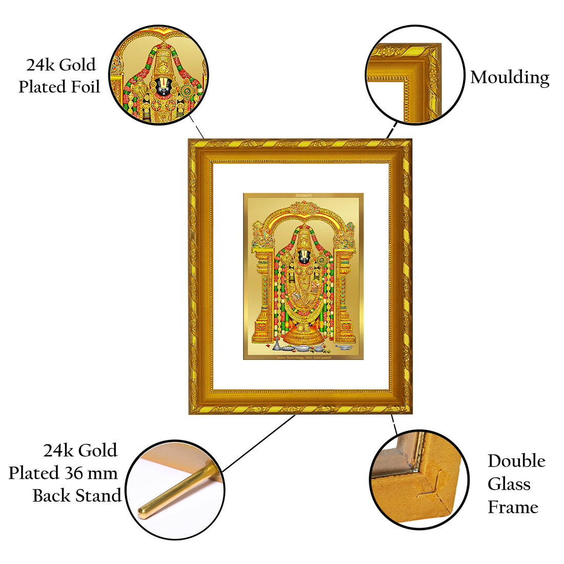 DIVINITI 24K Gold Plated Foil Tirupati Balaji Photo Frame for Home Wall Decor, Workshop, Table Top, Premium Gift|DG103 Size 2 (22.6x18.4 CM)
