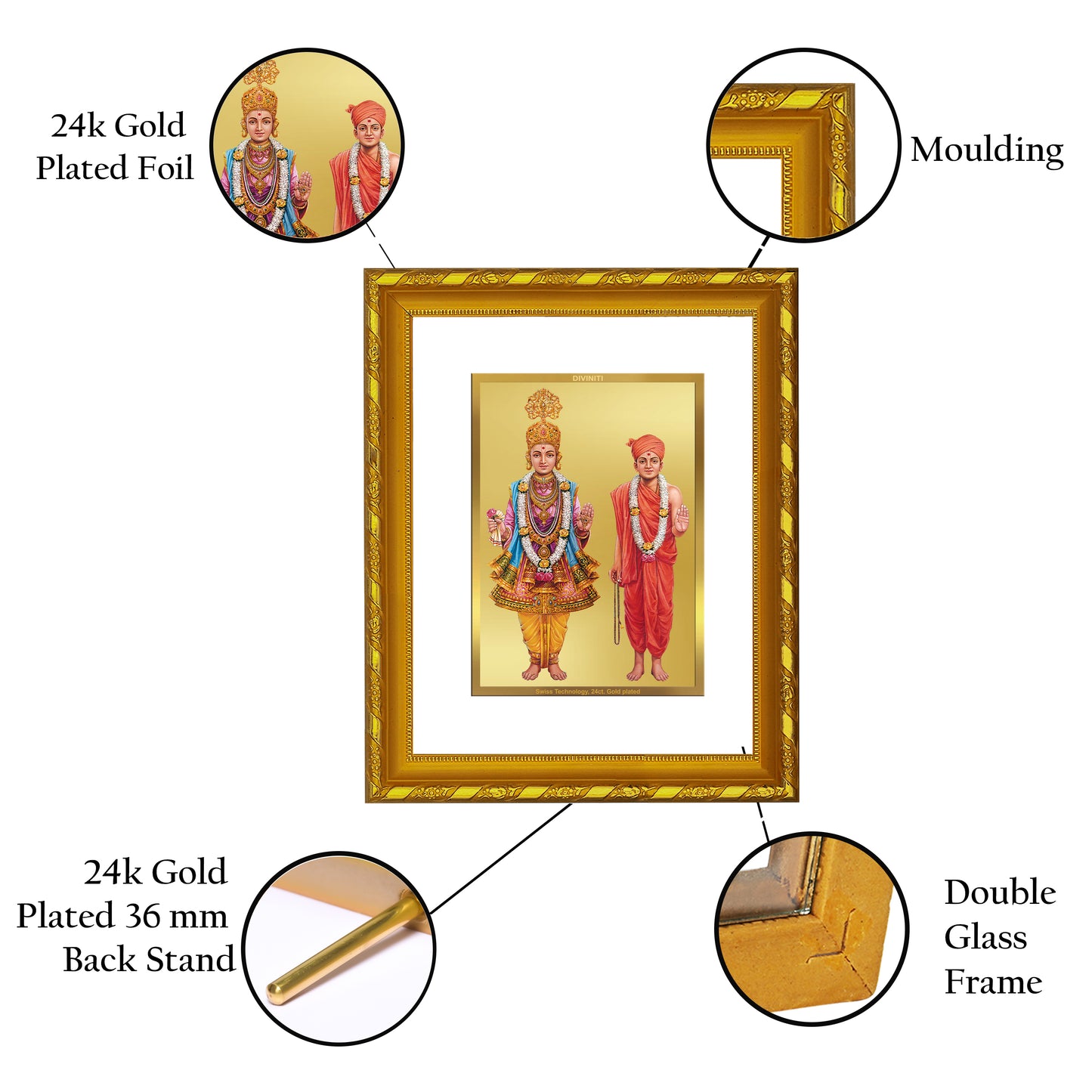 DIVINITI 24K Gold Plated Foil Swami Narayan Photo Frame for Wall Hanging, Workshop, Table Top, Home Decor, Luxury Gift|DG103 Size 2 (22.6x18.4 CM)