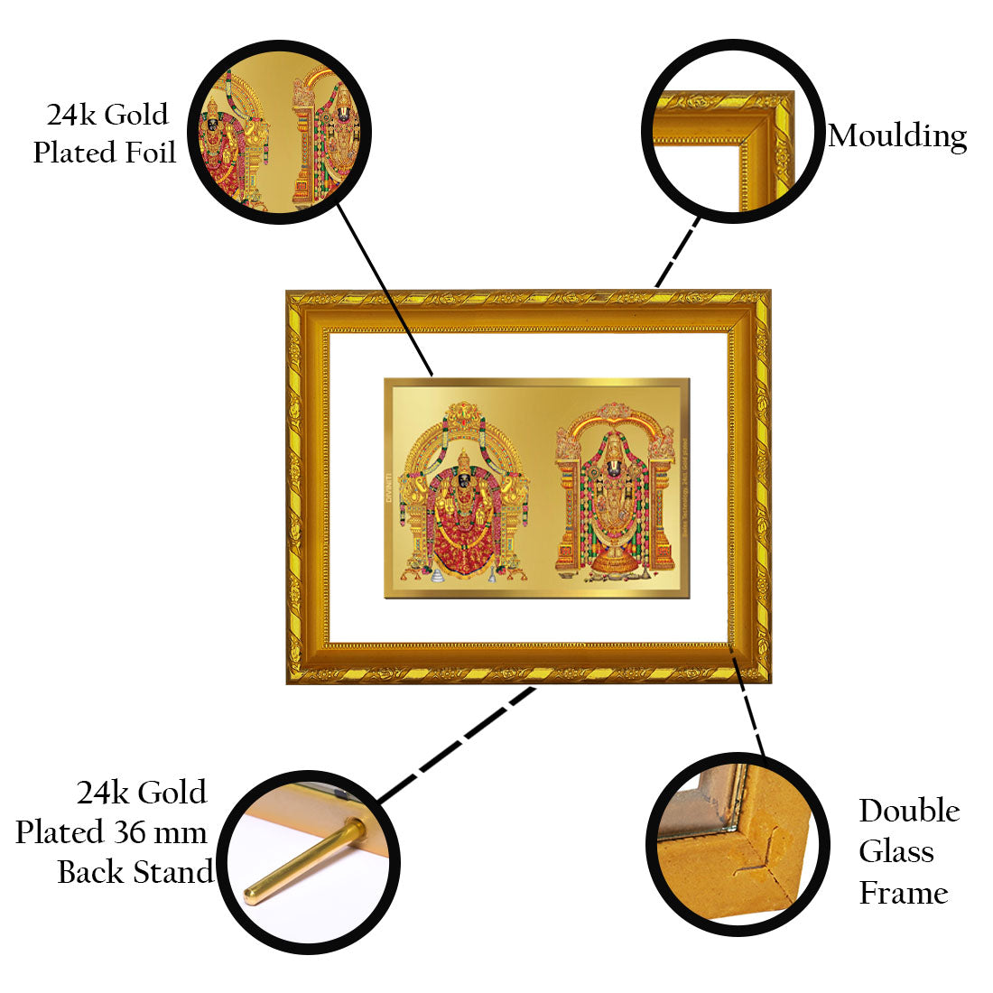 DIVINITI 24K Gold Plated Foil Padmavathi Balaji Photo Frame Idol for Puja Room, Home Wall Decor, Workshop, Table Top, Premium Gift|DG103 Size 2 (22.6x18.4 CM)