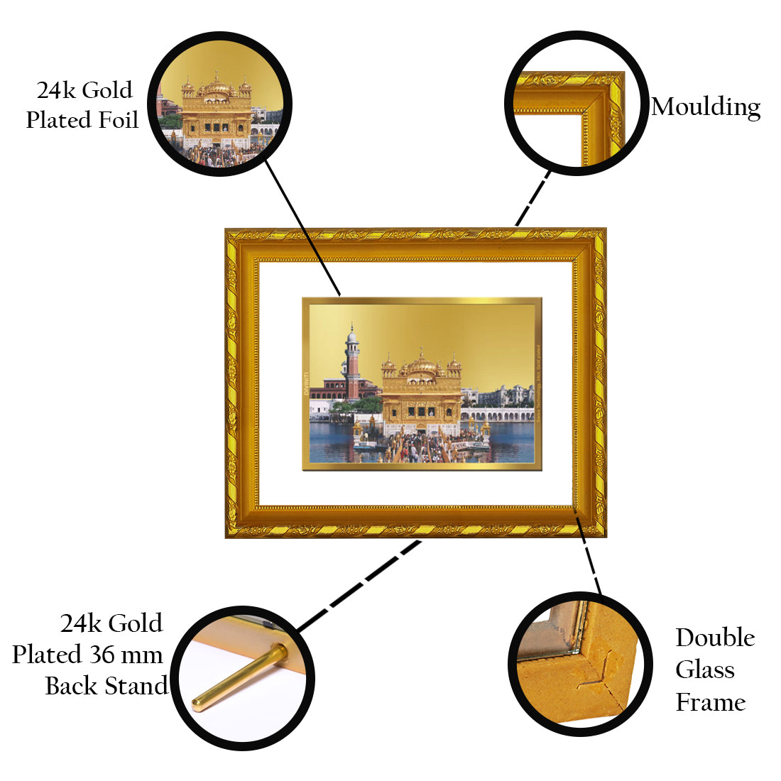 DIVINITI 24K Gold Plated Foil Sachkhand Shri Darbar Sahib (Golden Temple) Modern Photo Frame for Wall Hanging, Workshop, Table Top, Home Decor, Gift|DG103 Size 2 (22.6x18.4 CM)