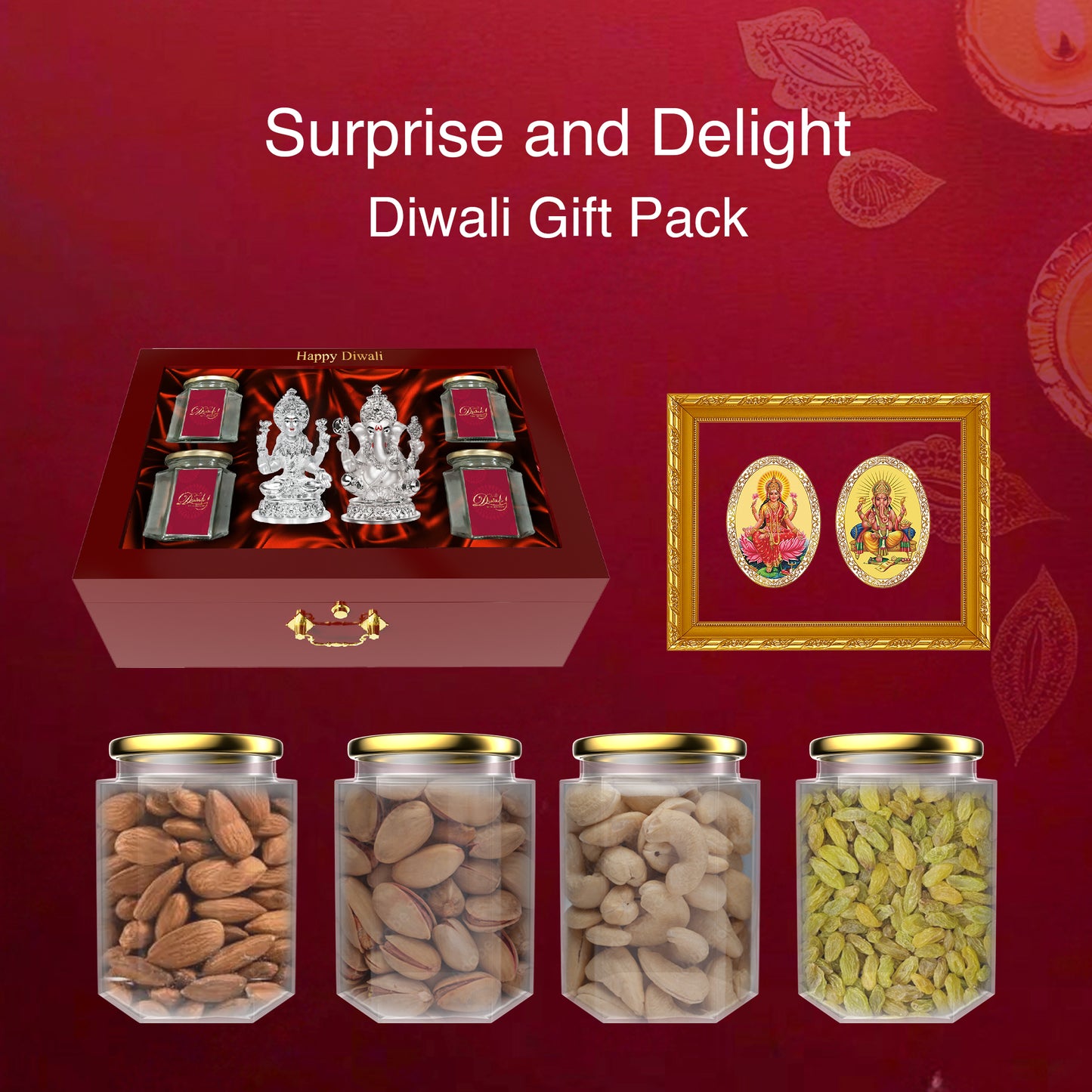 DIVINITI 999 Silver Plated Laxmi Ganesh Idol Statue for Home and Office Décor Puja Room & Luxurious Box Dry Fruits Bottle for Diwali Gift