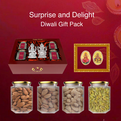 DIVINITI 999 Silver Plated Laxmi Ganesh Idol Statue for Home and Office Décor Puja Room & Luxurious Box Dry Fruits Bottle for Diwali Gift
