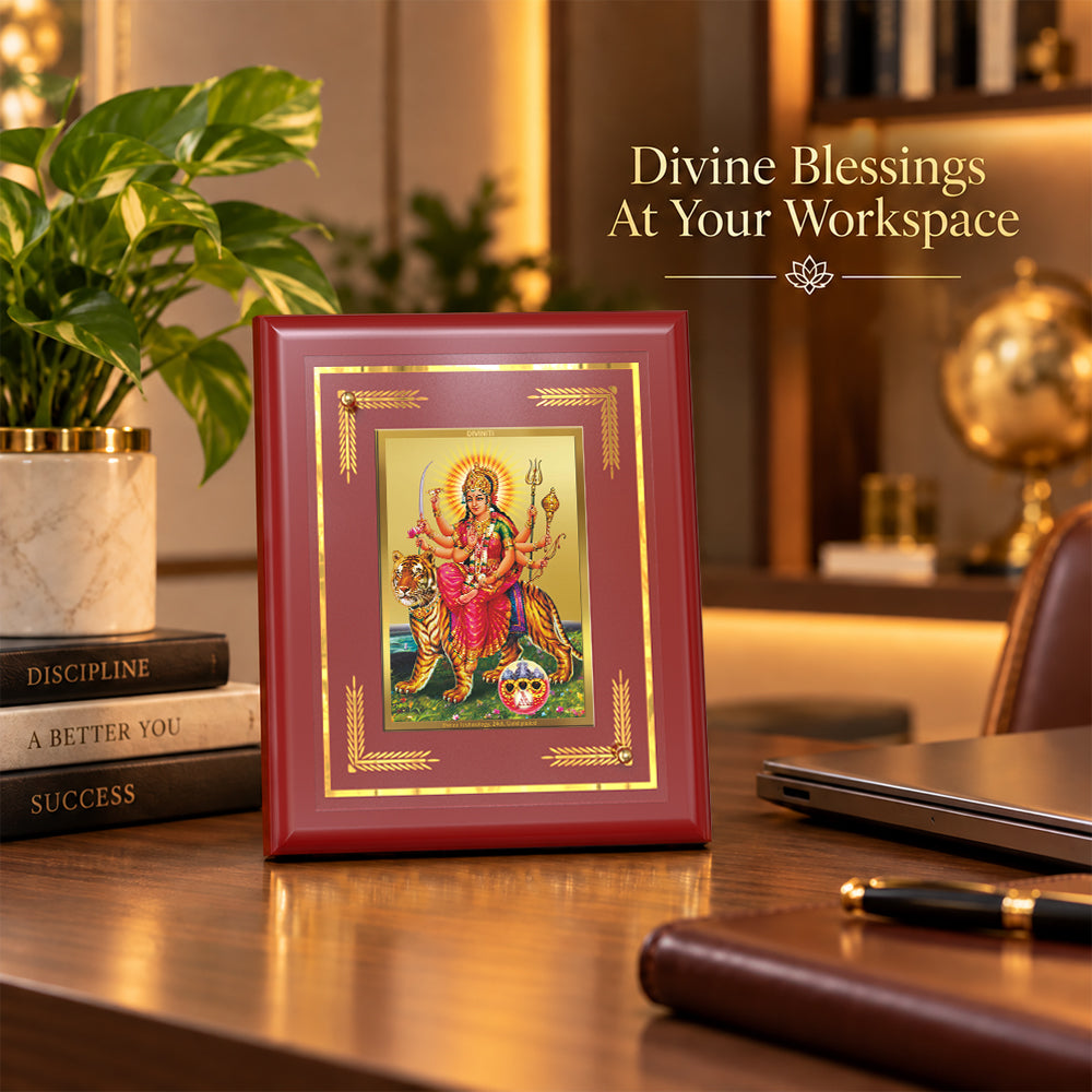 24K Gold-Plated Sherawali Mata with Pindi MDF Frame | Gift Box | 13.5x16 CM