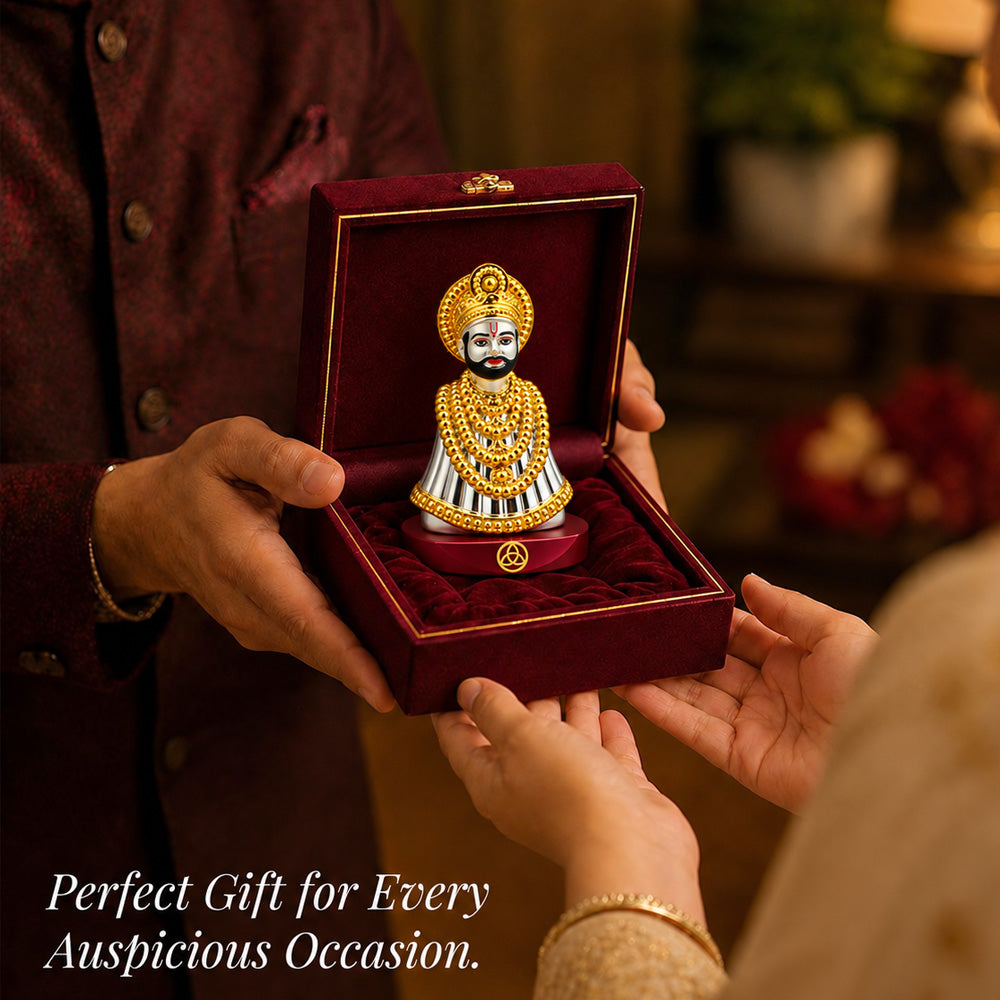 24K Gold & Silver-Plated Khatu Shyam Ji Resin Idol for Car Dashboard | Premium Gift Box | 8.5x6 CM