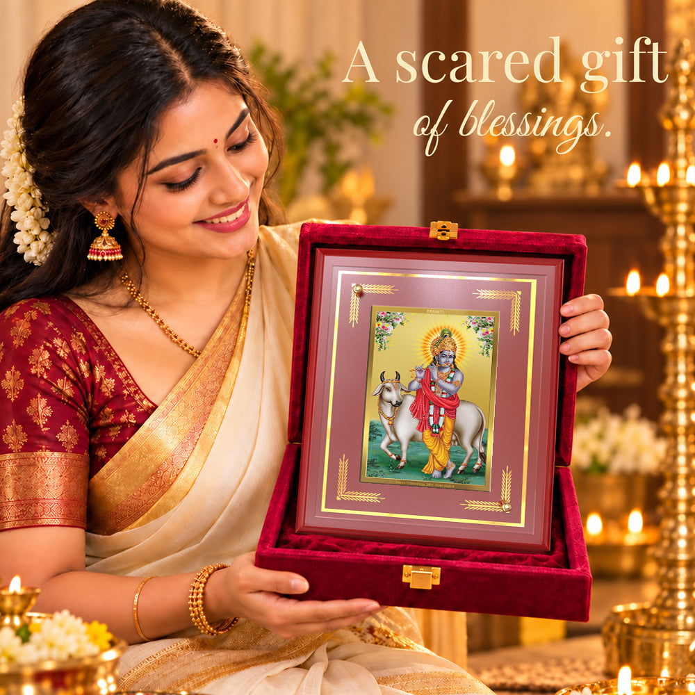 24K Gold-Plated Krishna with Cow MDF Frame | Premium Gift Box | 22 X 18 CM