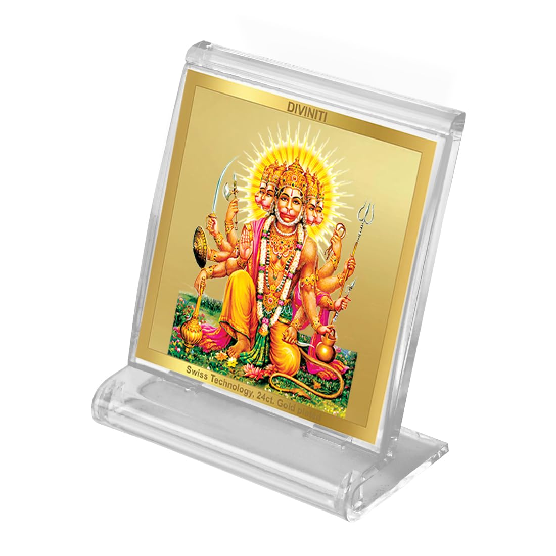 Diviniti 24K Gold Plated Panchmukhi Hanuman Acrylic Frame for Car Dashboard, Home Decor, Tabletop, Puja Room, Festival Gift ACF3A (5.8x4.8 CM)