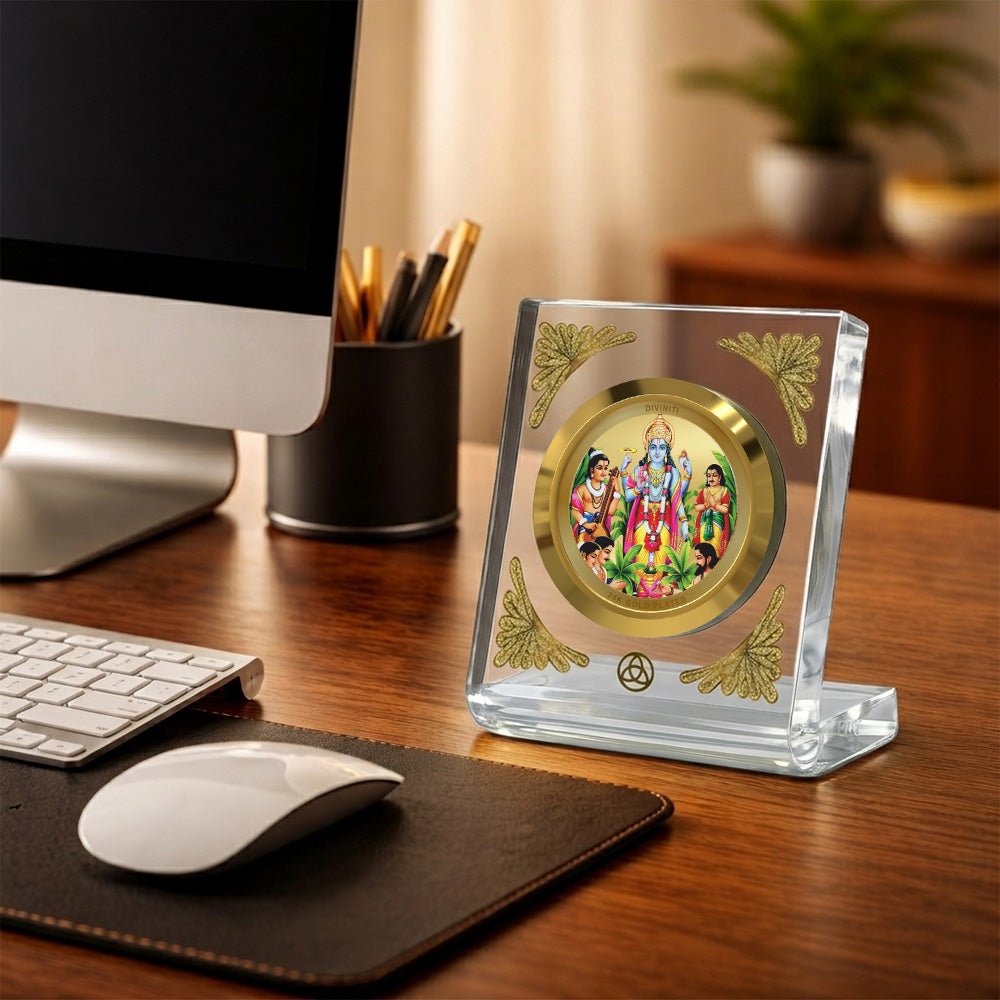 24K Gold-Plated Lord Satyanarayan Acrylic Car Dashboard Frame | 8x7 CM