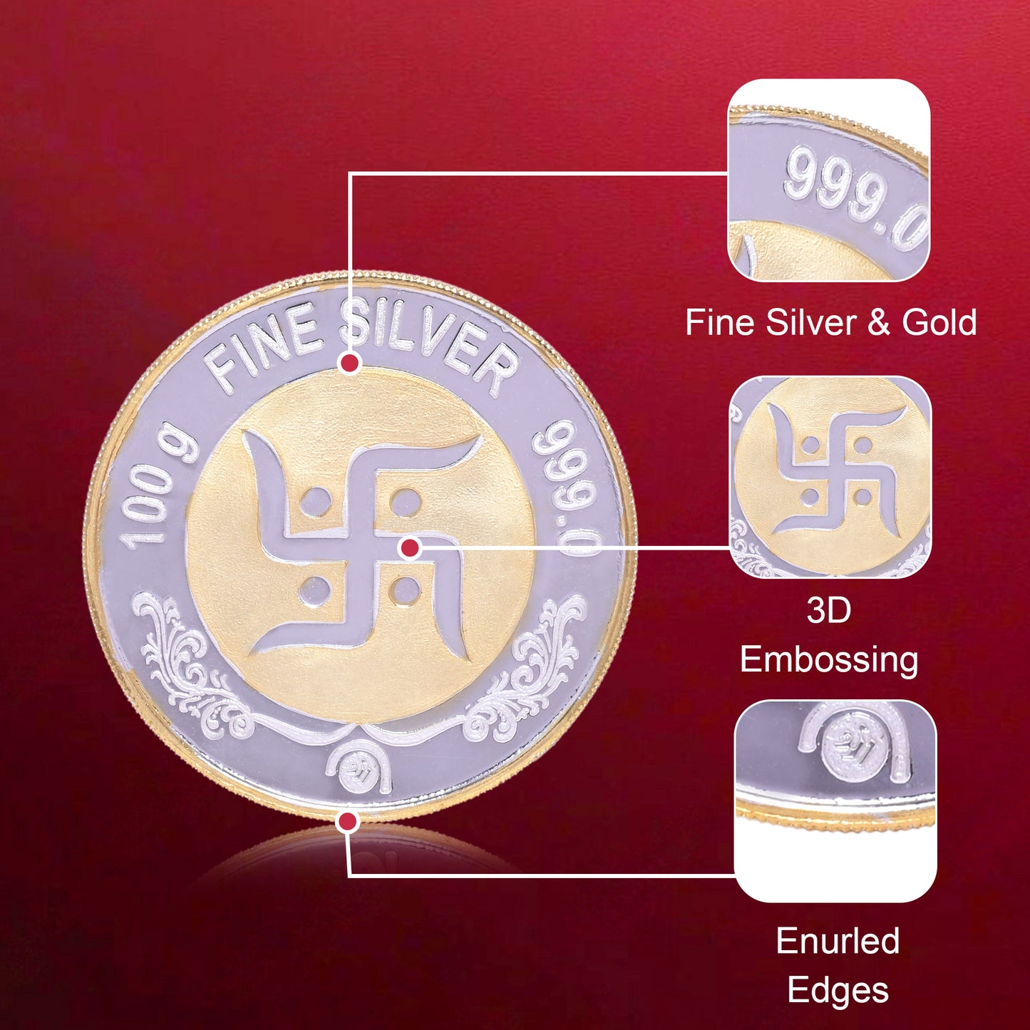 DIVINITI Pure Silver Coin with 24K Gold Plated Laxmi Ganesh and Swastik An Exquisite Emblem of Prosperity for Home & Office Décor, Puja Room Diwali Gift (100g)