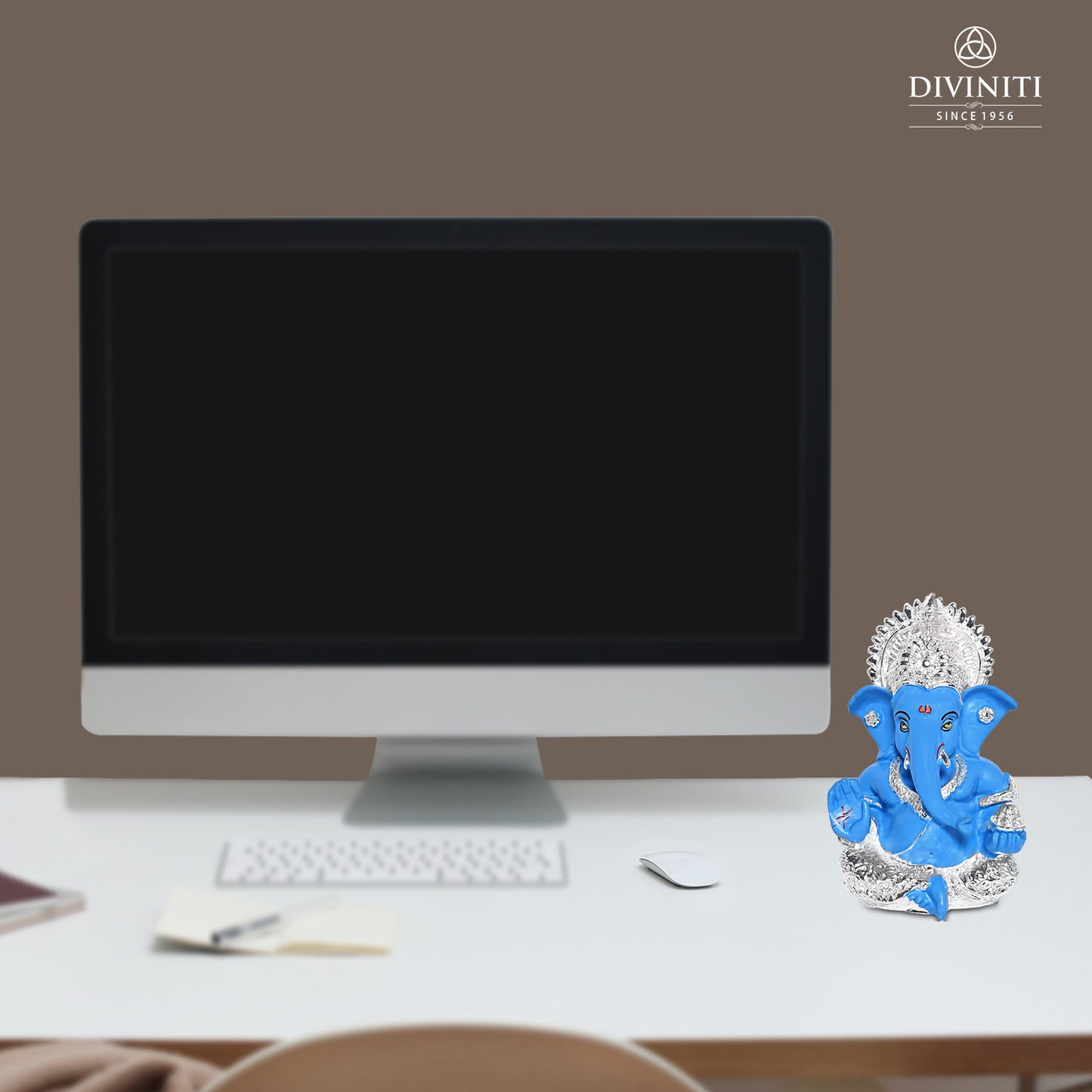 Diviniti 999 Silver Plated Resin Lord Ganesha Idol for Car Dashboard Tabletop for Home Decor Mandir Puja Gift Blue (8.4x4.2cm)