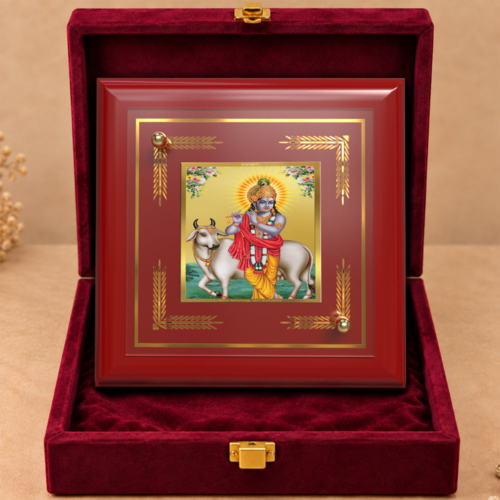24K Gold-Plated Lord Krishna with Surbhi Cow MDF Frame | Premium Gift Box | 10x10 CM