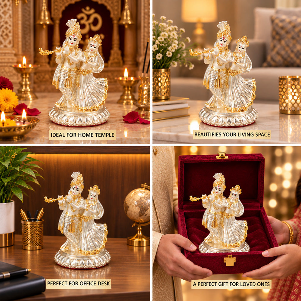 999 Silver-Plated Dual-Tone Radha Krishna Idol | Premium Gift Box | 11.5x8 CM