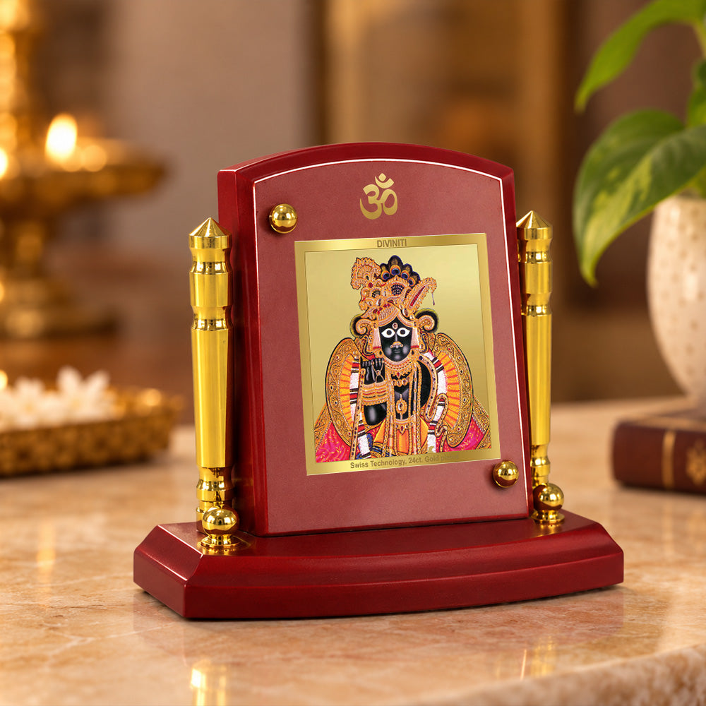 24K Gold-Plated Banke Bihari Ji MDF Car Dashboard Frame | 7.5x9 CM