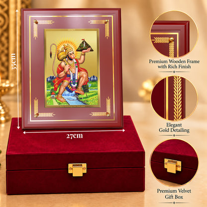 24K Gold-Plated Hanuman with Sanjeevani Mountain MDF Frame | Premium Gift Box | 27x35 CM