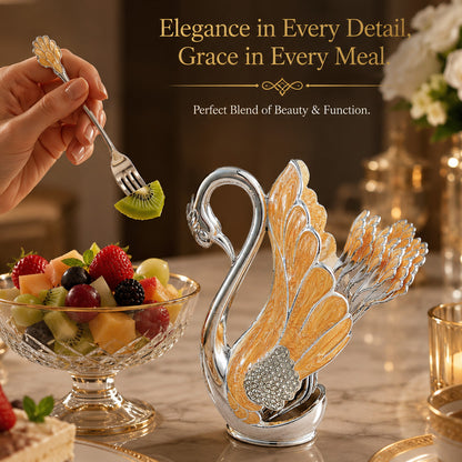 Diviniti Premium Silver-Plated Swan Cutlery Holder | Elegant Peach Spoon & Fork Stand for Table Décor