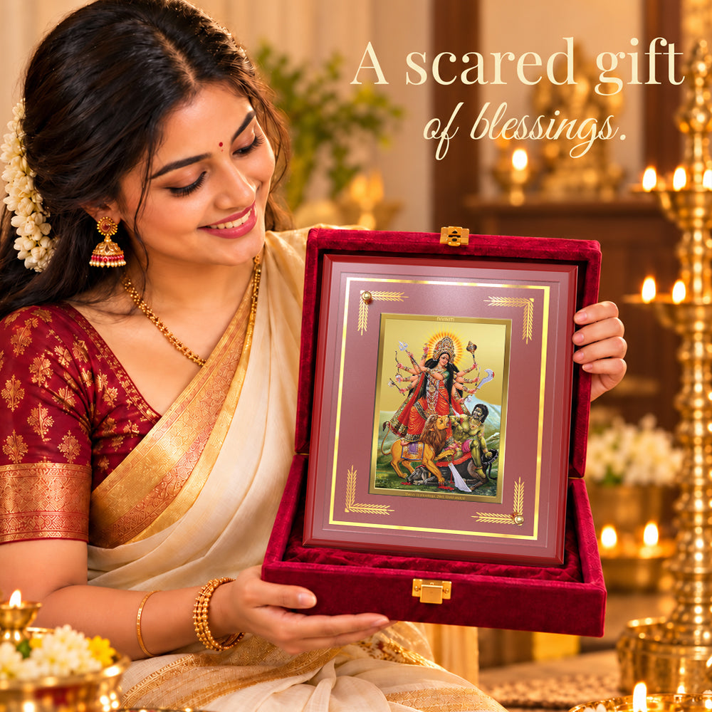 24K Gold-Plated Durga Mahishasura Mardini MDF Frame | Premium Gift Box | 22 x18 CM