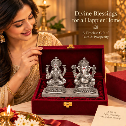 999 Silver-Plated Antique Laxmi Ganesha Idol | Premium Gift Box | 10x13 CM