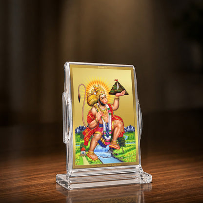 24K Gold-Plated Hanuman Carrying Sanjeevani Mountain Acrylic Car Dashboard Frame | 11x7 CM
