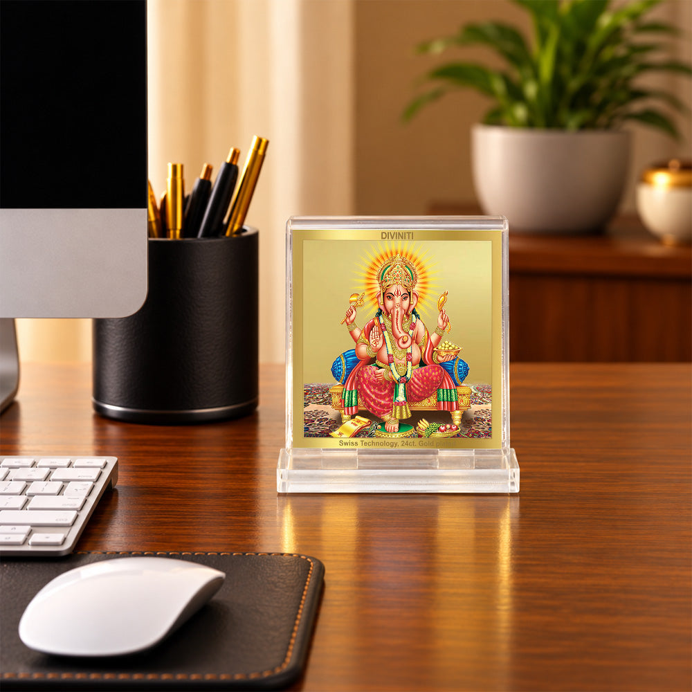 24K Gold-Plated Lord Ganesha Acrylic Car Dashboard Frame | 6x5 CM