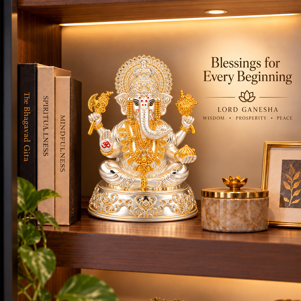 999 Silver-Plated Dual-Tone Lord Ganesha Idol | Premium Gift Box | 15x12 CM