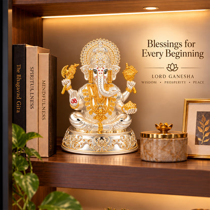 999 Silver-Plated Dual-Tone Lord Ganesha Idol | Premium Gift Box | 15x12 CM