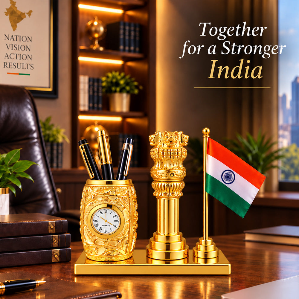 24K Gold-Plated Ashoka Stambh Pen Stand | Premium Gift Box | 12x15 CM