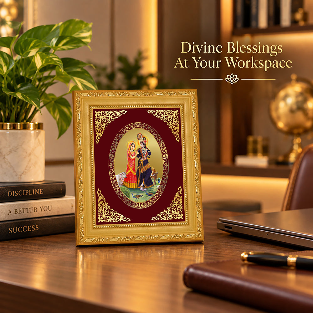 24K Gold-Plated Radha Krishna with Cow Frame | Premium Gift Box | 16x13.5 CM