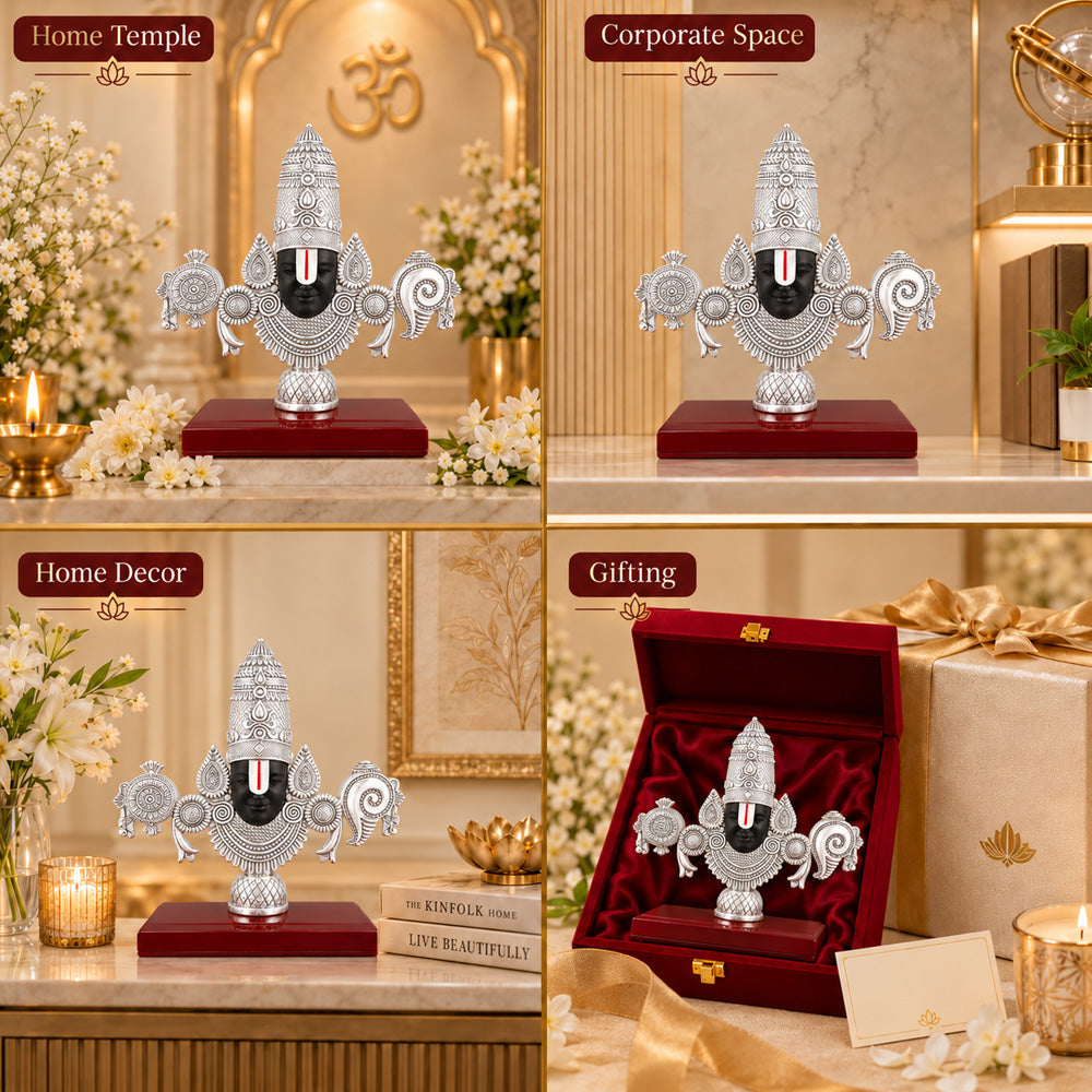 999 Silver-Plated Lord Tirupati Balaji Idol | Premium Gift Box | 19x20 CM