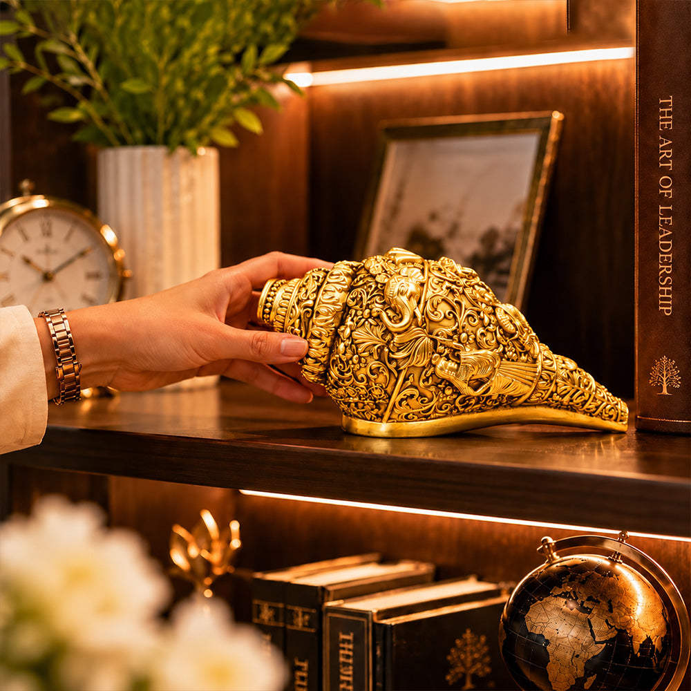 24K Gold-Plated Ganesha Shankh | Premium Gift Box | 14x8 CM