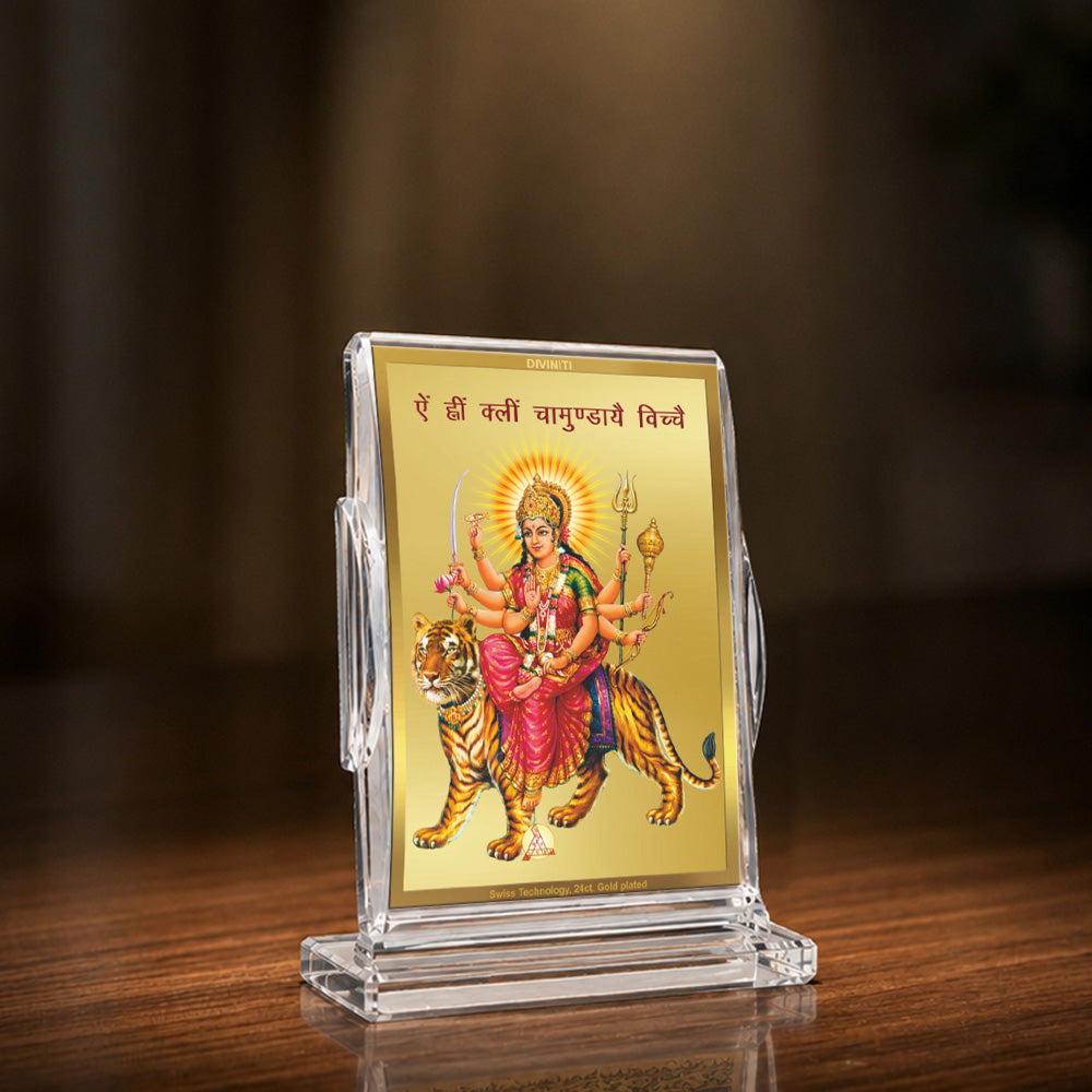 24K Gold-Plated Durga Ji Acrylic Car Dashboard Frame | 11x7 CM