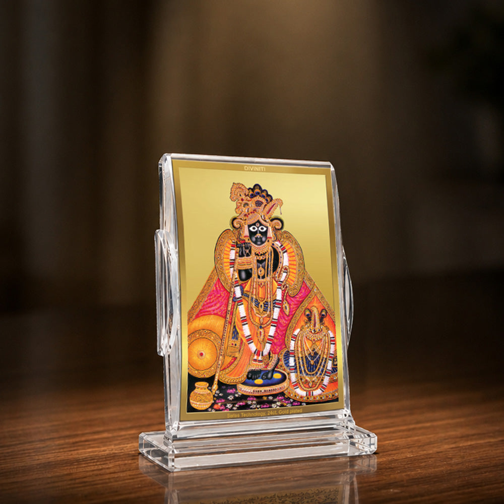 24K Gold-Plated Banke Bihari Ji Acrylic Car Dashboard Frame | 11x7 CM