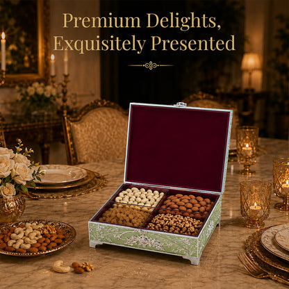 Diviniti German Silver Peacock Decorative Box 4-in-1 | Elegant Green Enamel Multipurpose Box with Luxury Gift Box