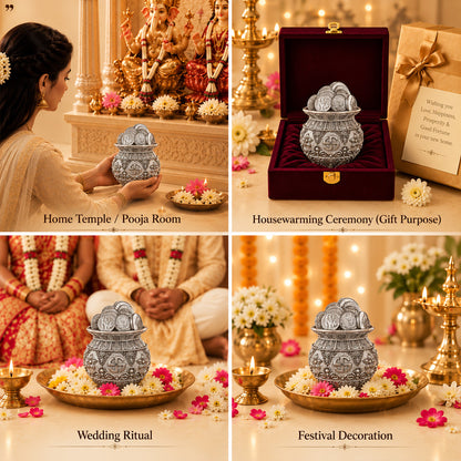 999 Silver-Plated Antique Lakshmi Coin Kalash | Premium Gift Box | 11x9 CM