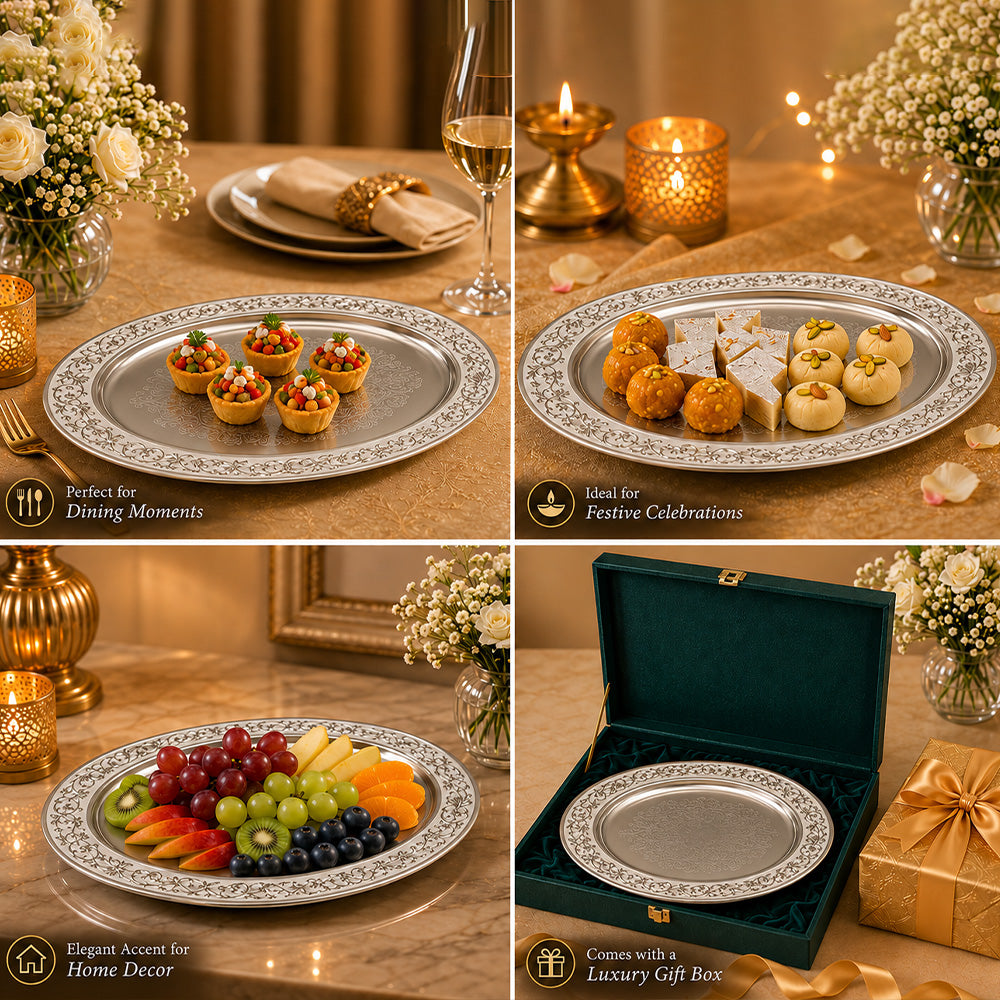 Diviniti Silver-Plated Oval Decorative Tray with White Enamel Accents | Luxury Serving Platter for Dry Fruits, Sweets & Premium Gifting