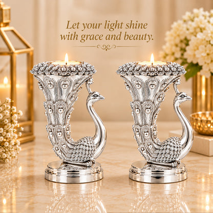 999 Silver-Plated Peacock Candle Holder Pair | Premium Gift Box | 10x8 CM