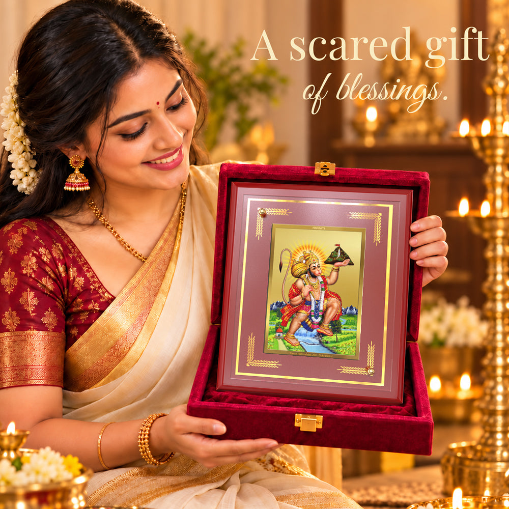 24K Gold-Plated Hanuman with Mountain MDF Frame | Premium Gift Box | 26x20 CM