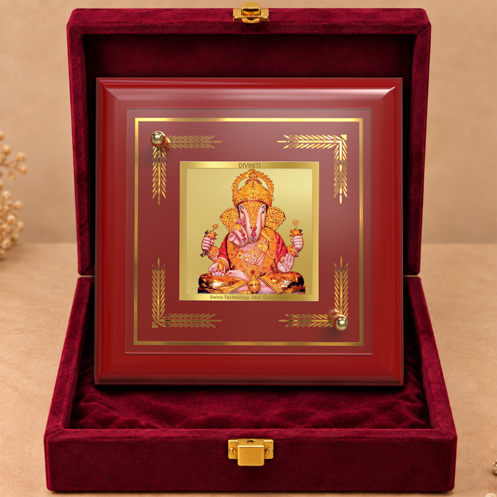 24K Gold-Plated Dagdu Ganesha MDF Frame | Premium Gift Box | 10x10 CM