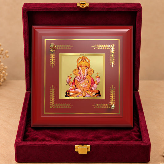 24K Gold-Plated Dagdu Ganesha MDF Frame | Premium Gift Box | 10x10 CM