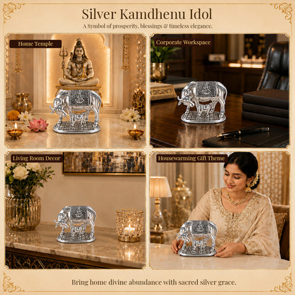Diviniti 999 Silver Plated Kamdhenu Cow Idol with Gift Box | Antique Décor