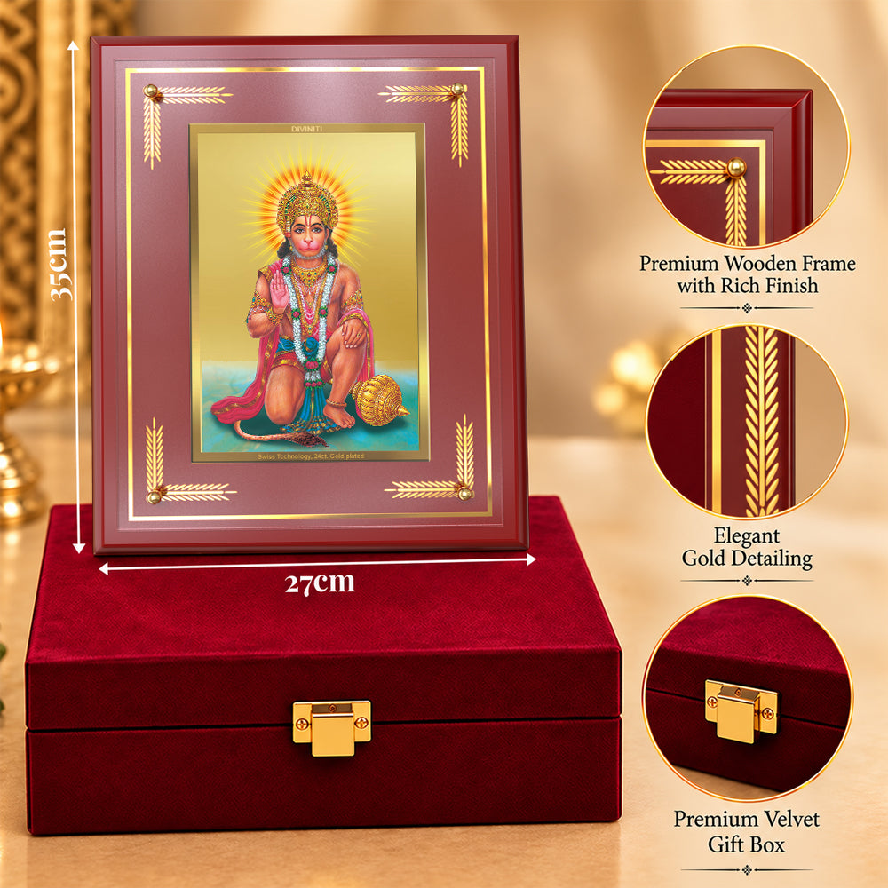 24K Gold-Plated Lord Hanuman MDF Frame | Premium Gift Box | 27x35 CM