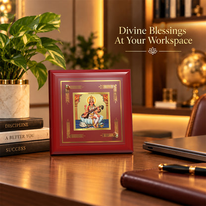 24K Gold-Plated Goddess Saraswati MDF Frame | Premium Gift Box | 10x10 CM