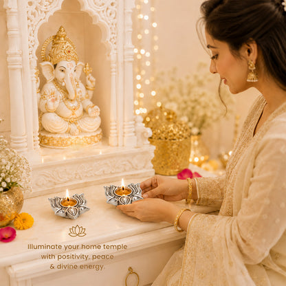 Diviniti 999 Silver Plated Lotus Diya Set of 2 with Luxury Gift Box | Antique Finish Home & Festive Décor