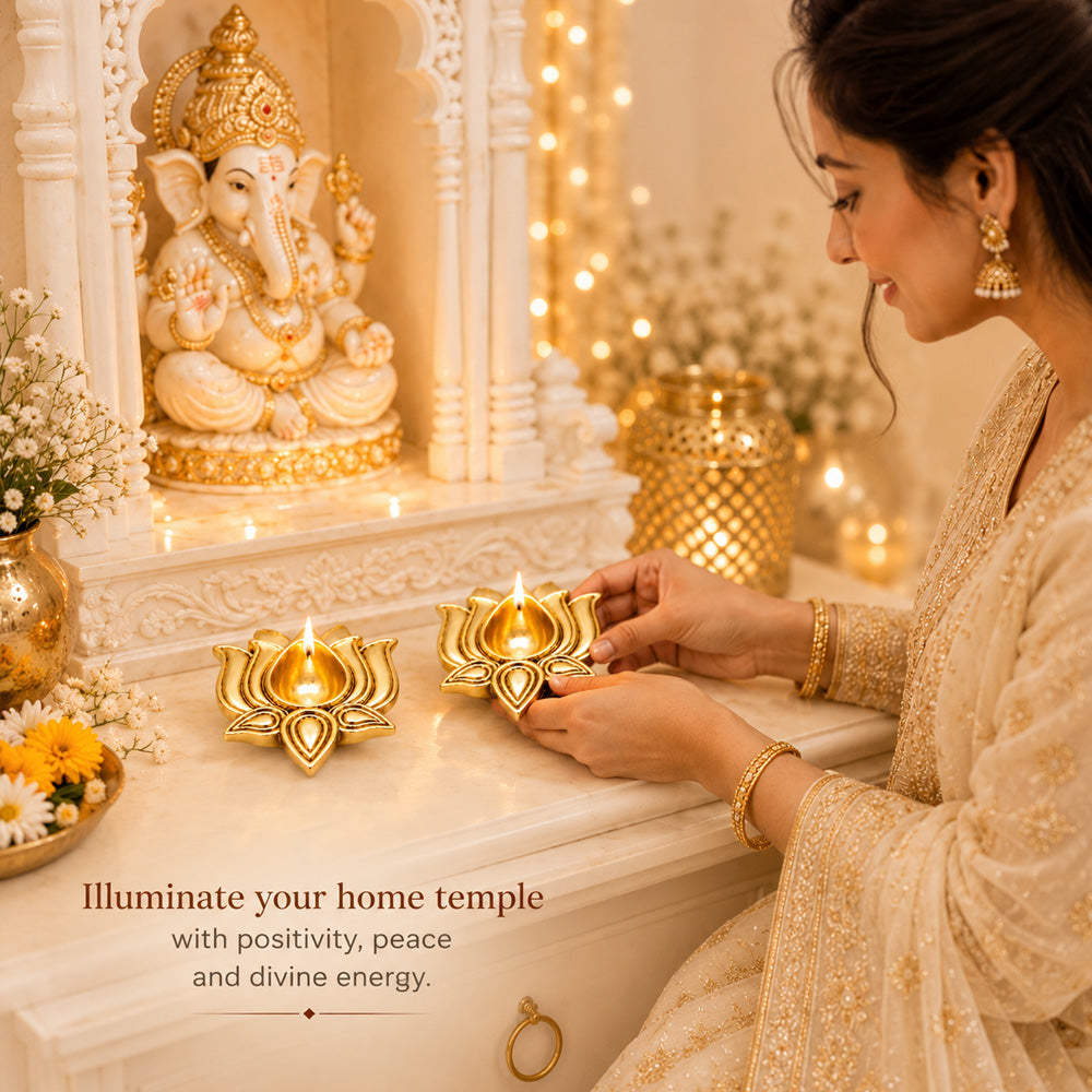 999 Gold-Plated Lotus Diya Pair | Premium Gift Box | 8x8 CM