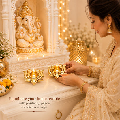 999 Gold-Plated Lotus Diya Pair | Premium Gift Box | 8x8 CM