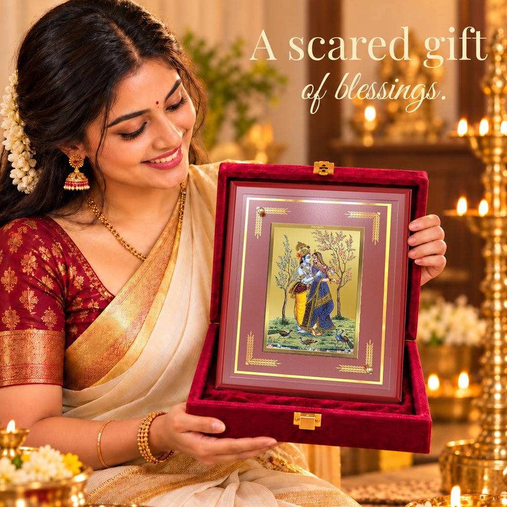 24K Gold-Plated Radha Krishna with Cow MDF Frame | Premium Gift Box | 22 X 18 CM